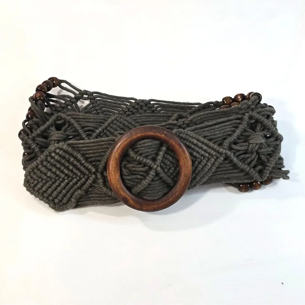 Women's Boho Macrame Rope Belt Brown with Wood Beads & Buckle Y2K